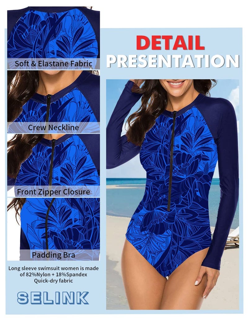SELINK Women's Long Sleeve Rash Guard UV Protection Zipper Printed Surfing One Piece Swimsuit Bathing Suit Blue Print S - Image 3